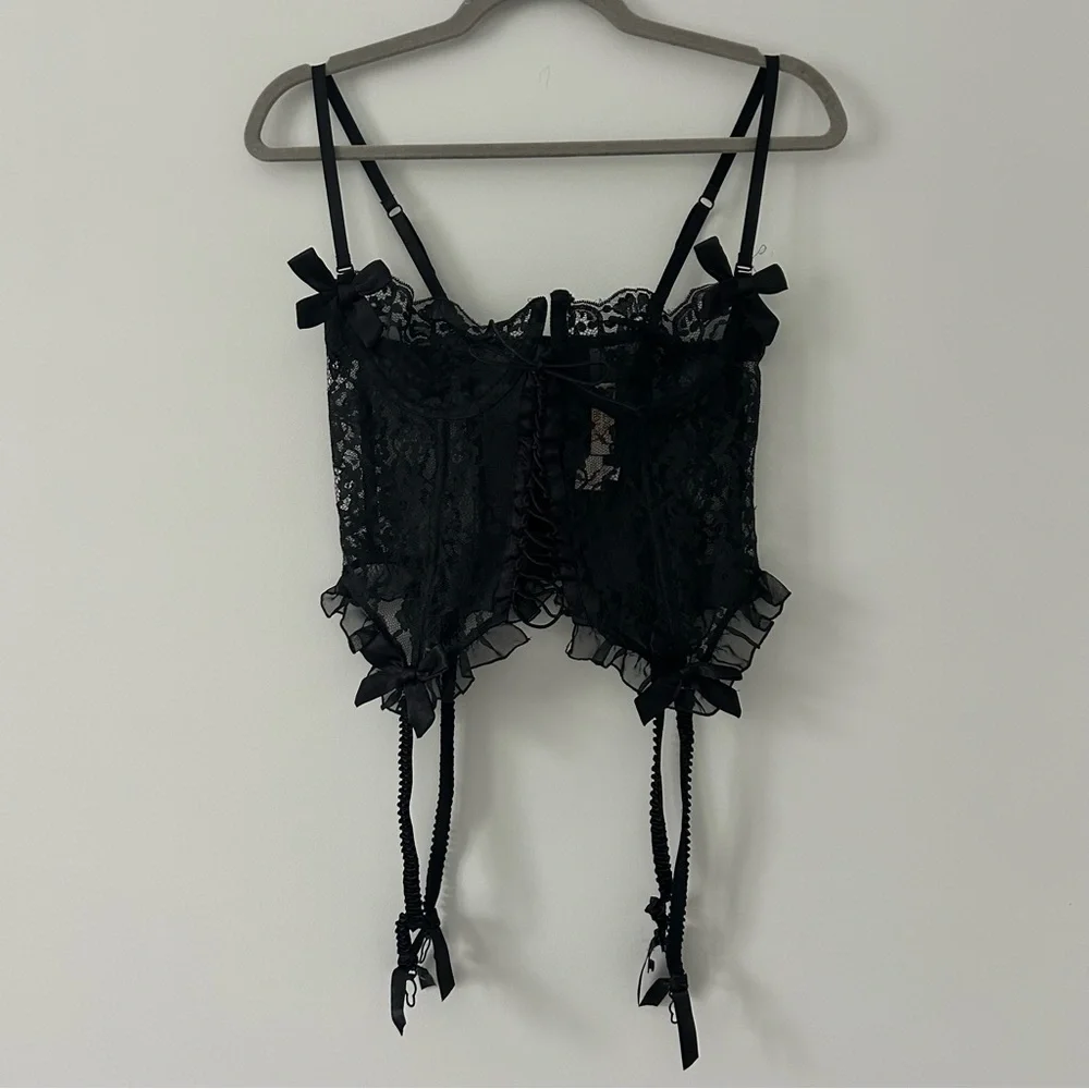 Vintage Victorias Secret Gold Label Black Lace Lace Up Corset Bustier 34C